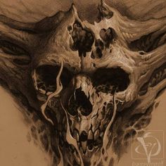 a pencil drawing of a skull with flames coming out of it