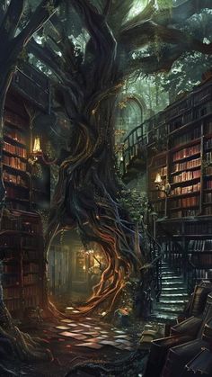 an image of a tree that is in the middle of a room with bookshelves