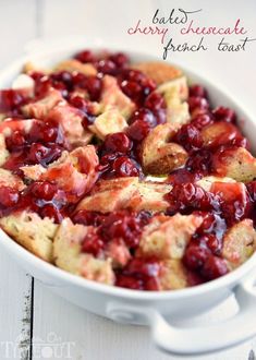 cranberry bread pudding in a white casserole dish