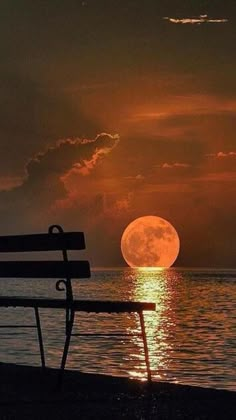 a bench sitting on top of a beach next to the ocean under a full moon