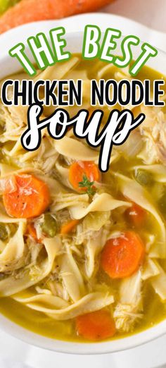 the best chicken noodle soup recipe is in a bowl with carrots and celery