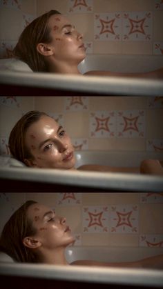 three images of a woman's face in a bathtub