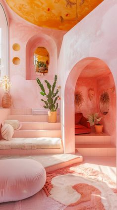 a room with pink walls and flooring has a plant in the corner, potted cacti