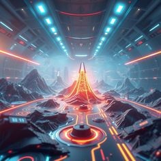 a sci - fi scene with neon lights and mountains