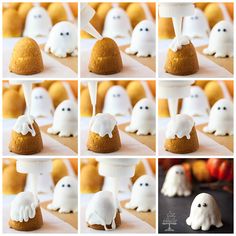 there are many pictures of halloween treats made to look like ghost's and pumpkins