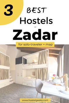 the best hotels in zadar for solo - traveler + map, with text overlay that reads 3 best hotels in zadar