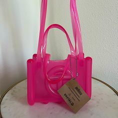 Brand New With Box, Bag, And Tag Telfar X Melissa Jelly Pink Small Bag Telfar Bags Aesthetic, Tel Far Bag, Jelly Telfar Bag, Telfer Bag, Pink Mini Purse, Pink Purses, Telfar Bags, Marc Jacobs Snapshot Bag, Designer Purses And Handbags