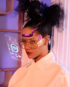 a woman with futuristic glasses on her face