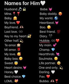 the names of different types of emoticions on a black background with hearts and words