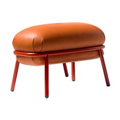 an orange leather ottoman sitting on top of a wooden frame with two legs and one foot