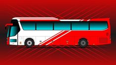 a red and white bus is shown on a red background with diagonal lines around it