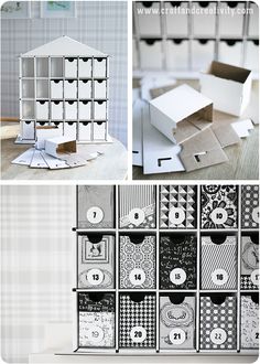 several pictures of different boxes with numbers and designs on them, including one in the shape of a house