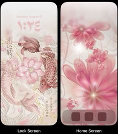 an iphone screen with pink flowers and fish on it