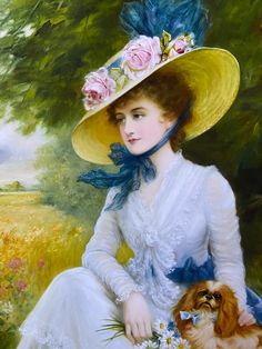 a painting of a woman in a white dress and yellow hat holding a small dog