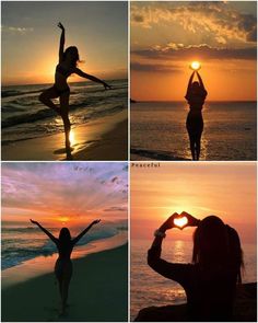 four different pictures of a woman doing yoga on the beach at sunset, and in the sun setting