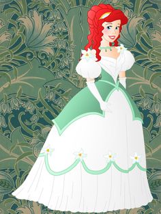 the little mermaid from disney's princess ariel is standing in front of an ornate background