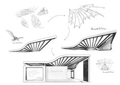 an architectural drawing shows the design for a building with wings flying above it and on top of