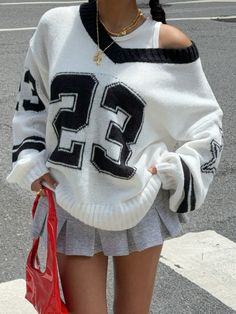 SHEIN Muchic Women Casual Summer/Fall Drop Shoulder Oversized V-Neck Football Letter Jacquard Sweater,Couple Same Style | SHEIN USA Black And White Football, Plus Size Pullover, Sport Sweater, Pullover Outfit, Loose Knit Sweaters, Jacquard Sweater, Oversized Pullover, Plus Size Sweaters, Inspiration Mode