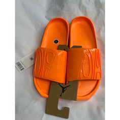 Bright Citrus Orange Slides. Synthetic And Rubber, Sole Material Is Foam. Box Is Not Included. Casual Orange Flat Slides, Jordan Mids, Jordan Orange, Jordan 4’s, Jordan Retro 12, Black Athletic Shoes, Red Jordans, Womens Air Jordans, Shoes Jordan