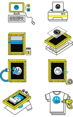 various types of electronic devices are depicted in this illustration, including t - shirts and laptops