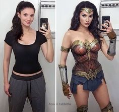 two photos of a woman in wonder costume holding a cell phone and taking a selfie