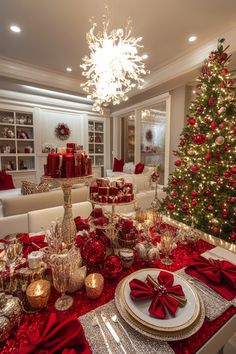 a living room decorated for christmas with red and gold decorations