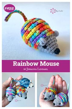 the rainbow mouse is made with yarn and crochet