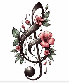 a music note with flowers and leaves on the side, as well as a treble