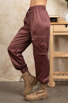 - Satin Soft Shiny Cargo Jogger Pants- Elastic Waist- Side Pockets- Drawstring(Model height: 5'9", wearing a Small, 2-2-2- Size Ratio) Cargo Jogger Pants, Shiny Fabric, Utility Pants, Cargo Joggers, Fashion Joggers, Comfortable Fashion, Model Height, Jogger Pants, No More