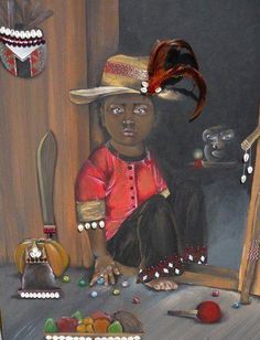 a painting of a child wearing a hat sitting on the floor next to other items