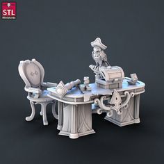 a model of a desk with chairs and a bird on it