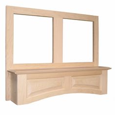 a wooden shelf with two windows on it