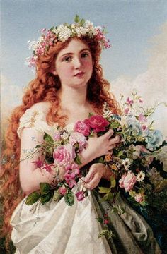 a painting of a woman with flowers in her hair, holding a bouquet of flowers