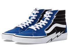 Vans Sk8-Hi Bolt - Shoes : Suede/Canvas True Blue/Black : Level up your street style by wearing the cool and casual Vans Sk8-Hi Bolt Shoes. Leather and textile upper. Textile lining and insole. Classic lace-up closure. Thunderbolt detailing along with the eyelets and bumper. Reinforced toe caps. Supportive padded collars. Signature rubber waffle outsole with high traction and durability. Imported. Measurements: Weight: 1 lb 2 oz. Shaft: 4 ½ in. Measurements: Weight: 1 lb 2 oz Shaft: 4 1 2 in Pro Vans Vulcanized Lace-up Sneakers, Vans Lace-up Sneakers With Vulcanized Sole, Casual Lace-up Canvas Shoes For Outdoor, Vans Urban Sneakers With Laces, Urban Vans Sneakers With Laces, Urban Vans Sneakers, Lace-up Canvas Shoes With Contrast Sole For Skateboarding, Elastic Lace-up Skate Shoes For Skateboarding, Vans Lace-up Canvas Shoes