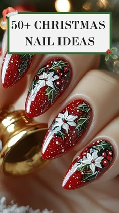 Poinsettia Flower Nail Art, Christmas Gnomes Nail Art, Christmas Gel Nails Designs Winter, Poinsettia Nail Art, Crveni Nokti, Nail Art Christmas Designs, Christmas Toe Nail Designs, Christmas Fingernails, Art Noel