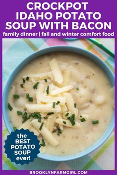 overhead shot of a blue bowl with creamy potato soup with cheese and chives on top Crockpot Potato Soup With Russet Potatoes, Crock Pot Potato Soup With Russet Potatoes, Easiest Potato Soup Crockpot, Crock Pot Potato Soup Using Frozen Diced Potatoes, Potato Soup With Frozen Diced Potatoes On Stove, Homemade Potato Soup, Potato Bacon Soup