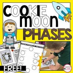 a poster with the words cookie moon phases and an image of a boy in space