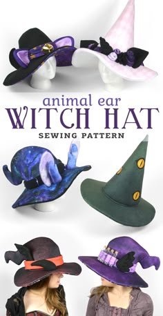 several hats with witches on them and the words animal ear, witch hat sewing pattern