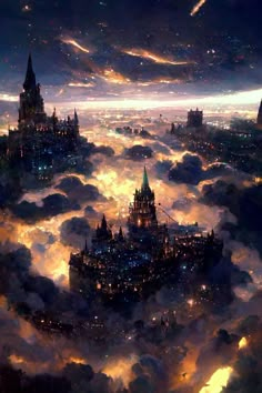 an aerial view of a castle in the sky at night with clouds and stars around it