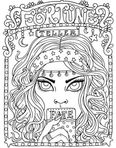 an adult coloring page featuring a woman's face with stars on her head and the word