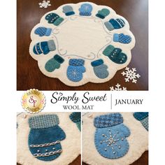 the snowflakes and mitts are on display in front of a round rug