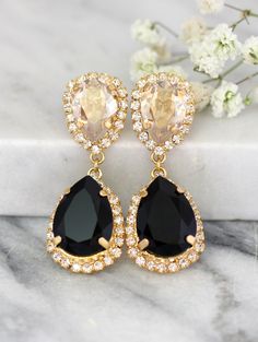 Black Gold Earrings, Bridal Drop Earrings, Black Statement Earrings, Champagne Earrings, Bridal Earrings Chandelier, Crystal Chandelier Earrings, Black Earrings Dangle, Bridal Earrings Drop