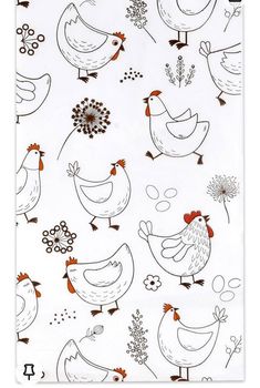 a white napkin with chickens and flowers on it