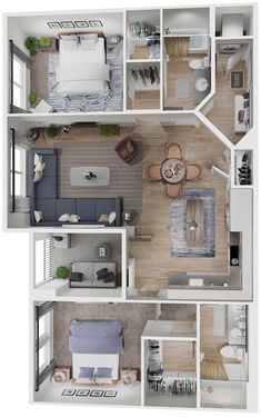 an overhead view of a two bedroom apartment