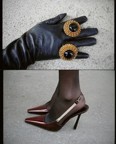 two pictures of woman's feet wearing black gloves and gold rings on their fingers