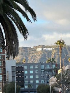 the hollywood sign is on top of an apartment building near palm trees and parked cars