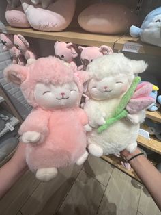 two stuffed animals sitting on top of each other in front of shelves filled with toys