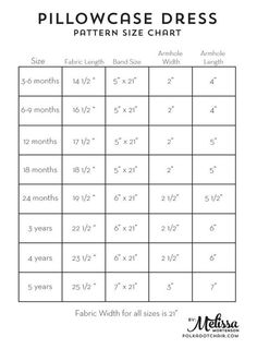 the pillowcase dress size chart