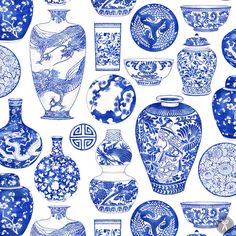 many blue and white vases with designs on them are arranged in a pattern against a white background