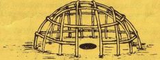 an old drawing of a large metal structure with holes in the ground and two birds perched on top